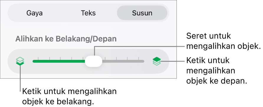 Butang Bergerak Ke Depan, butang Bergerak Ke Belakang dan gelangsar lapisan.