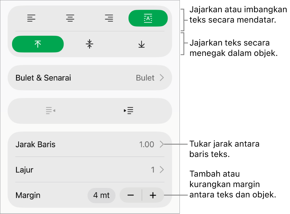 Bahagian Tataletak pada Pemeriksa Format dengan petak bual ke butang penjajaran dan jarak teks.
