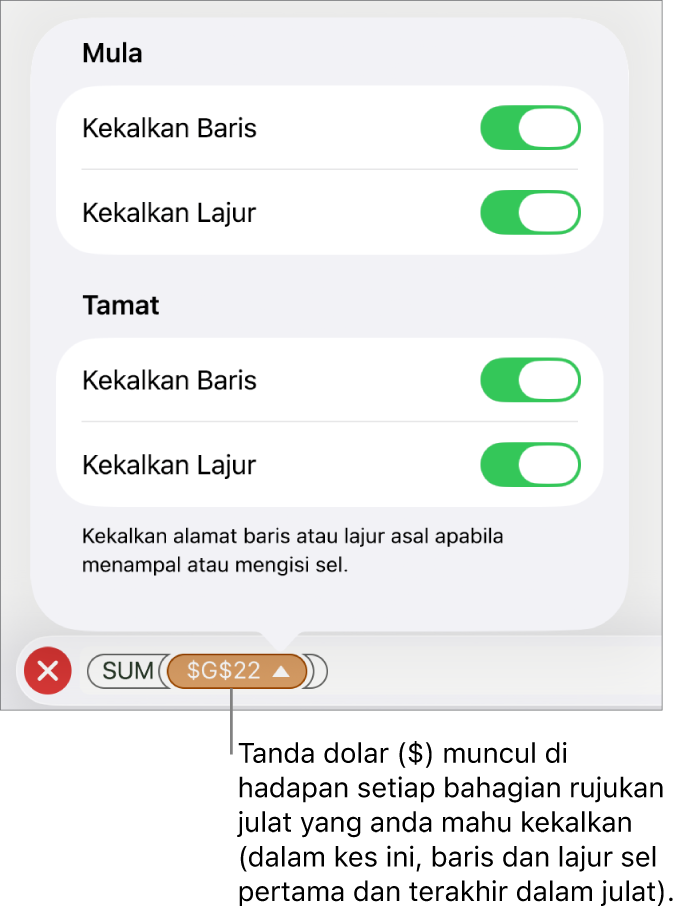 Kawalan untuk menentukan rujukan baris dan lajur sel yang perlu dikekalkan jika sel dialihkan atau disalin. Simbol dolar kelihatan sebelum setiap bahagian rujukan julat yang anda mahu kekalkan.