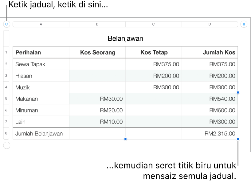 Jadual terpilih dengan titik biru untuk mensaiz semula.