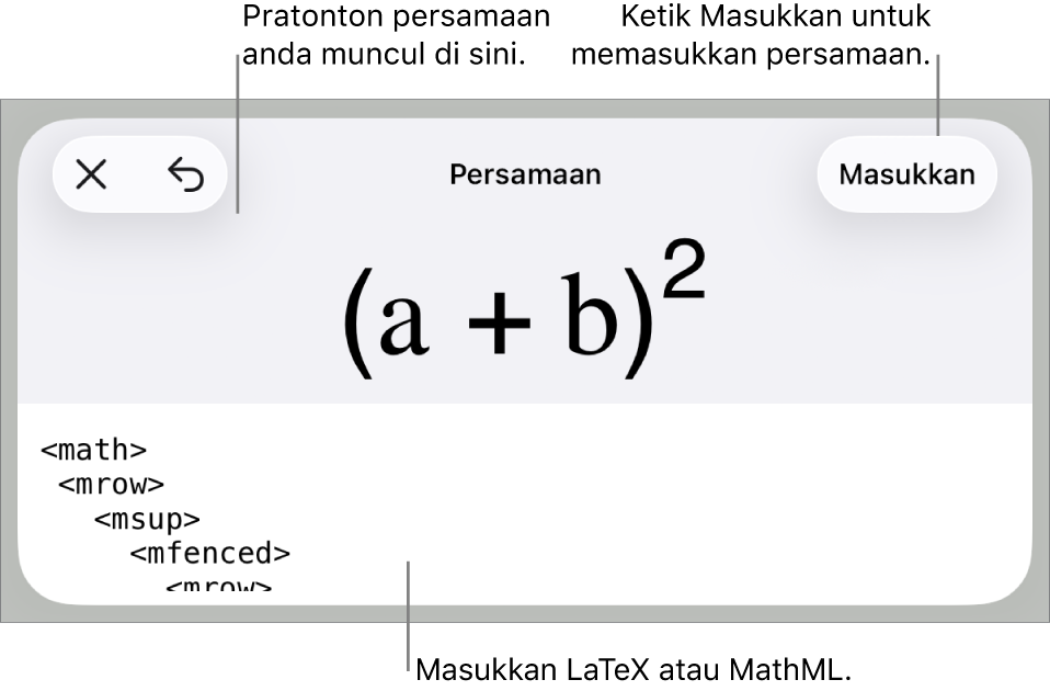 Dialog Persamaan, menunjukkan persamaan yang ditulis menggunakan perintah MathML manakala pratonton formulanya di atas.