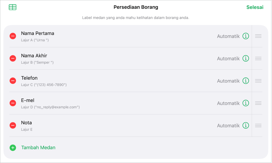 Kawalan persediaan borang, menunjukkan pilihan untuk menambah, mengedit, menyusun semula dan memadam medan, serta menukar format medan (seperti daripada Teks ke Peratusan).