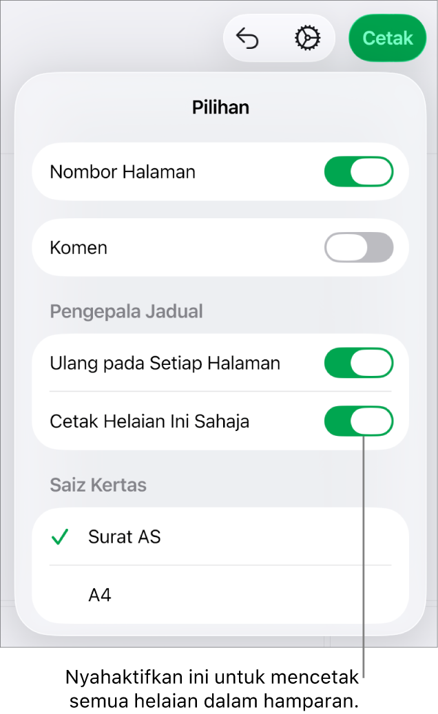 Anak tetingkap pratonton cetak, dengan kawalan untuk menunjukkan nombor halaman, pengepala berulang pada setiap halaman, menukar saiz kertas dan memilih untuk mencetak keseluruhan halaman atau hanya helaian semasa.