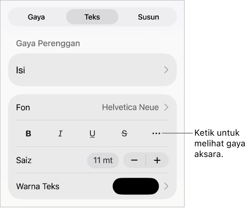 Kawalan Format dengan gaya perenggan di bahagian atas, kemudian kawalan Fon. Di bawah fon ialah butang Tebal, Italik, Garis Bawah, Garis Potong dan Lebih Banyak Pilihan Teks.