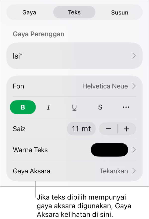 Kawalan pemformatan Teks dengan Gaya Aksara di bawah kawalan Warna. Gaya aksara Tiada kelihatan dengan asterisk.