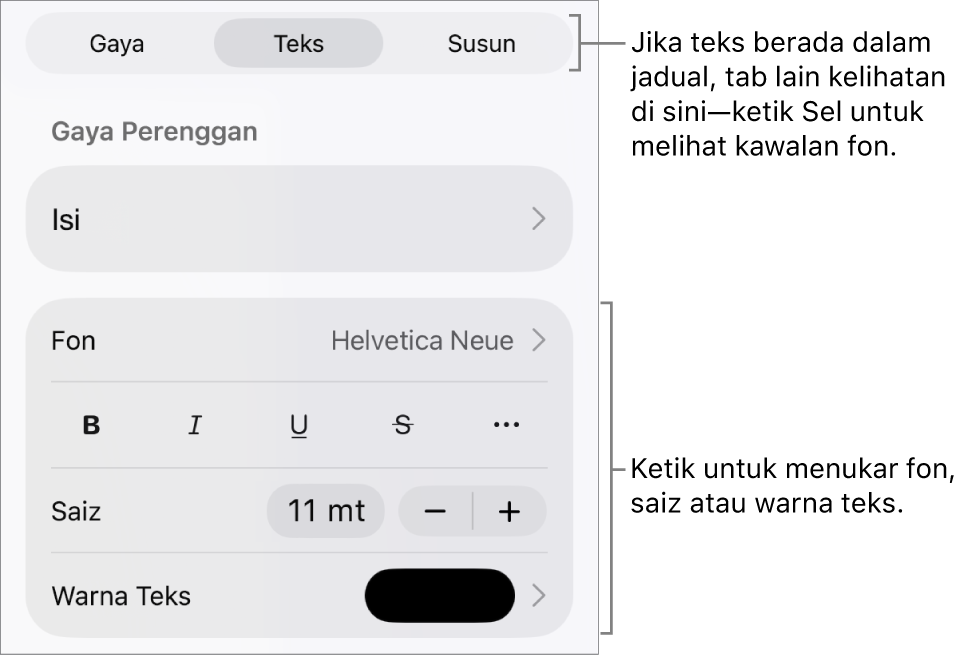 Kawalan teks dalam menu Format untuk mengesetkan perenggan dan gaya, fon, saiz dan warna aksara.