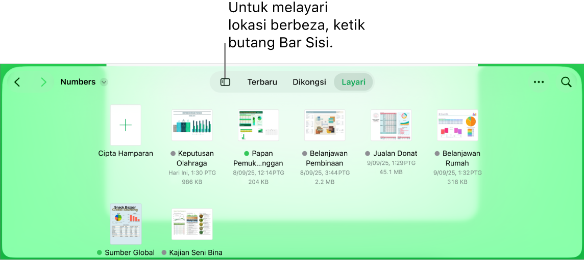 Paparan layari di pengurus dokumen dengan pautan lokasi di penjuru kiri atas dan di bawahnya ialah medan Carian. Di penjuru kanan atas ialah butang Tambah Hamparan; butang Folder Baharu; menu timbul untuk menggunakan paparan senarai atau ikon; dan untuk mengisih mengikut nama, tarikh, saiz, jenis dan tag; serta butang Pilih. Di bawah ialah imej kecil hamparan sedia ada.