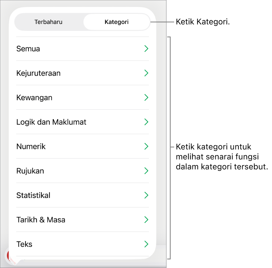 Pelayar Fungsi dengan butang Kategori dipilih dan senarai kategori di bawah.