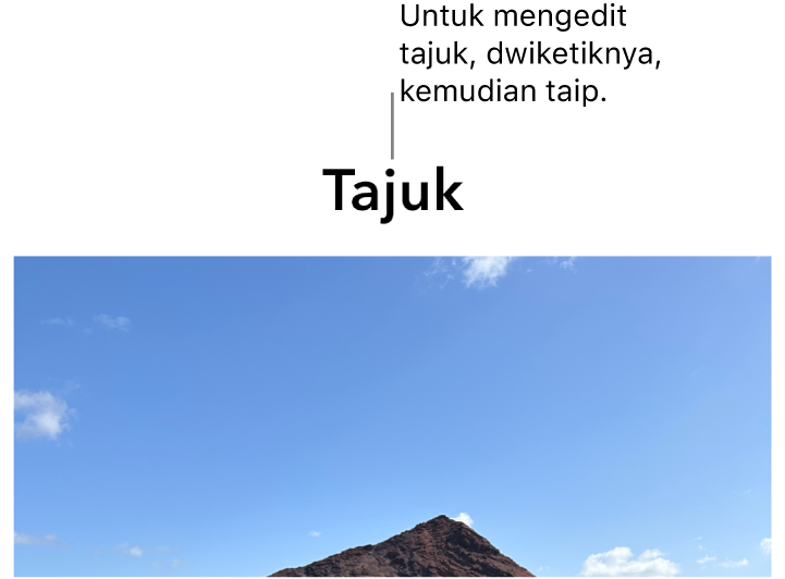 Tajuk ruang letak, “Tajuk”, kelihatan di bawah foto, garis kasar biru di sekeliling medan tajuk menunjukkan ia telah dipilih.