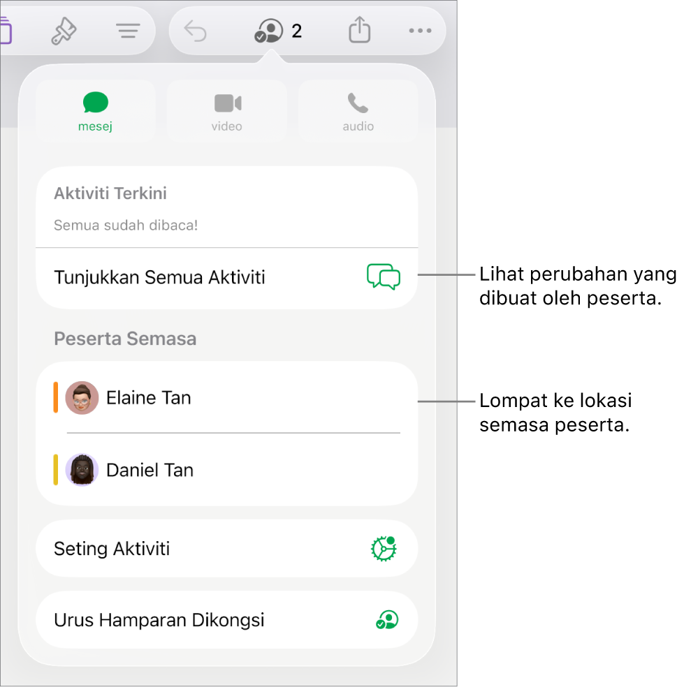 Menu kerjasama dengan peserta semasa disenaraikan.
