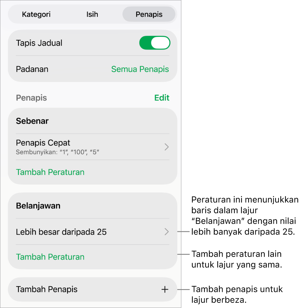 Kawalan untuk menambah peraturan penapisan baharu atau mengedit yang sedia ada.