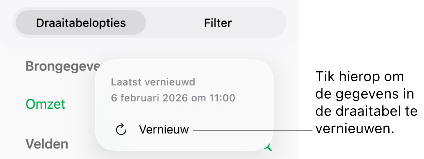 Het menu 'Draaitabelopties' met de optie om de draaitabel te vernieuwen.