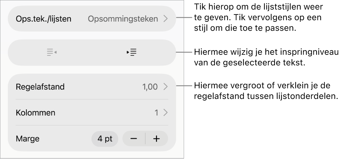 Het gedeelte 'Ops.tek./lijsten' van de opmaakregelaars met uitleg bij 'Ops.tek./lijsten', de inspringknoppen en de regelaars voor de regelafstand.