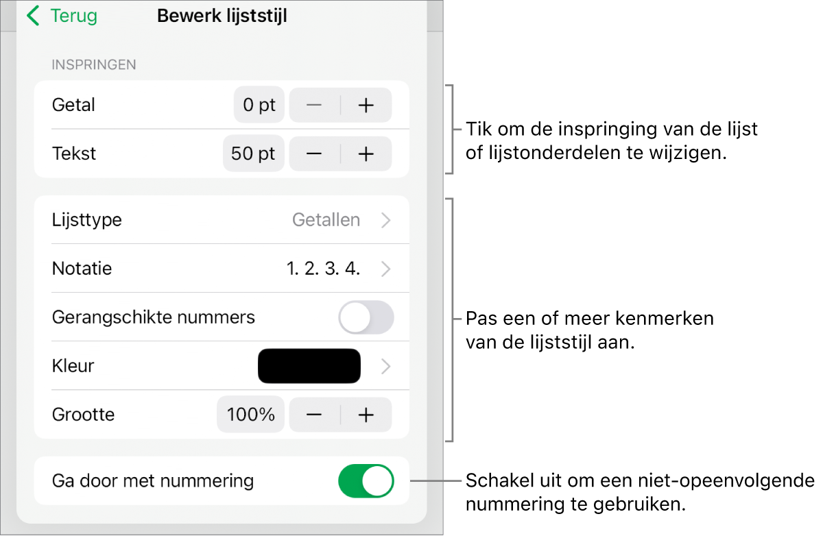 Het menu 'Bewerk lijststijl' met regelaars voor de ruimte van de inspringing, het lijsttype en de notatie, gerangschikte nummers, de kleur en grootte van de lijst, en doornummering.