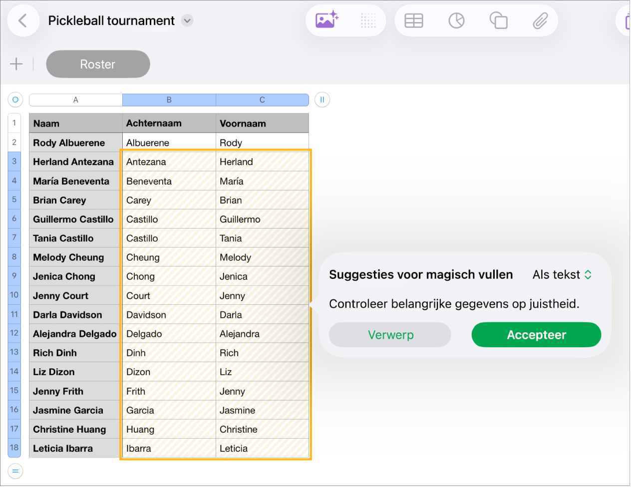 Een spreadsheet met gemarkeerde namen en het pop‑upmenu 'Suggesties voor magisch vullen' waarmee je de namen kunt accepteren of verwerpen.