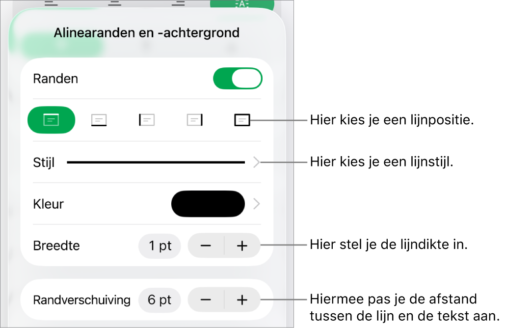 Regelaars voor het wijzigen van de stijl, dikte, positie en kleur van de lijn.