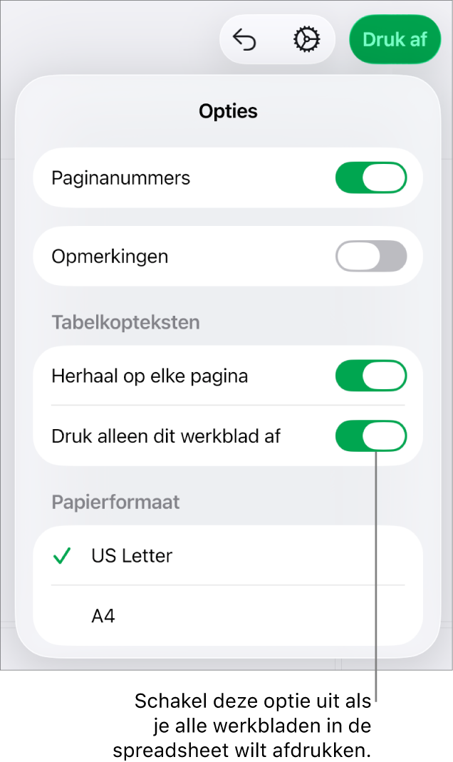 Het afdrukvoorbeeldpaneel met regelaars om paginanummers weer te geven, kopteksten op elke pagina te herhalen, het papierformaat te wijzigen, of te kiezen of de hele spreadsheet dan wel alleen het huidige werkblad moet worden afgedrukt.