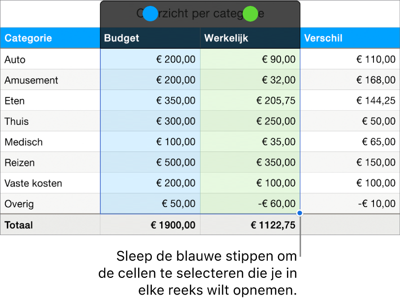 Tabelcellen met grepen voor het selecteren van reeksen.