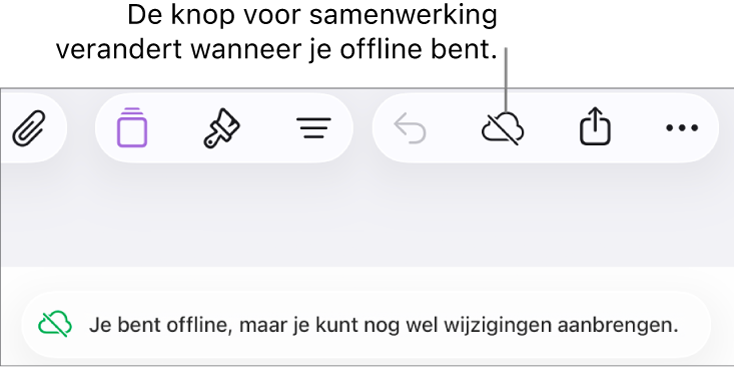 De knoppen boven in het scherm, met de knop voor samenwerking die is veranderd in een wolk met een schuine streep. De volgende melding staat op het scherm: 'Je bent offline, maar je kunt nog wel wijzigingen aanbrengen.'