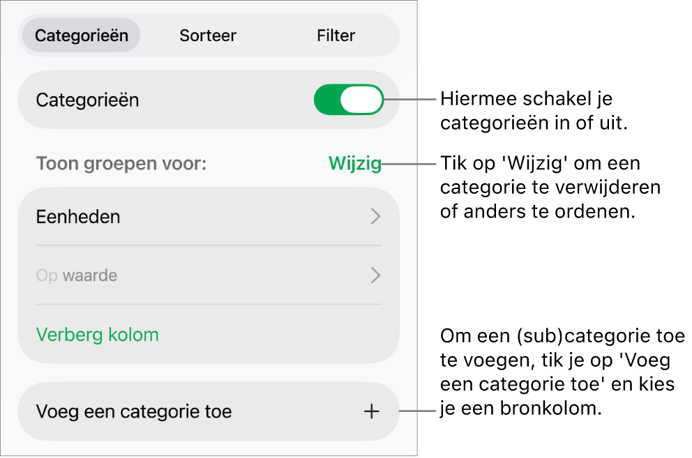 Het menu 'Categorieën' op de iPad met de volgende opties: categorieën uitschakelen, categorieën verwijderen, gegevens anders groeperen, een bronkolom verbergen en categorieën toevoegen.