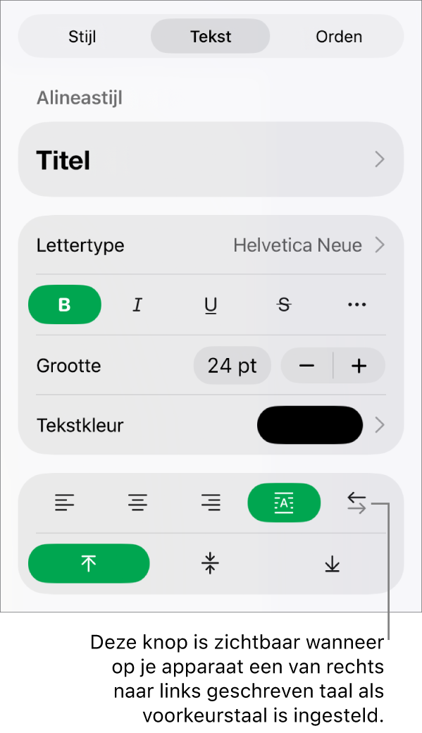 Het gedeelte 'Stijl' van het opmaakmenu met uitleg bij de knop voor rechts naar links.