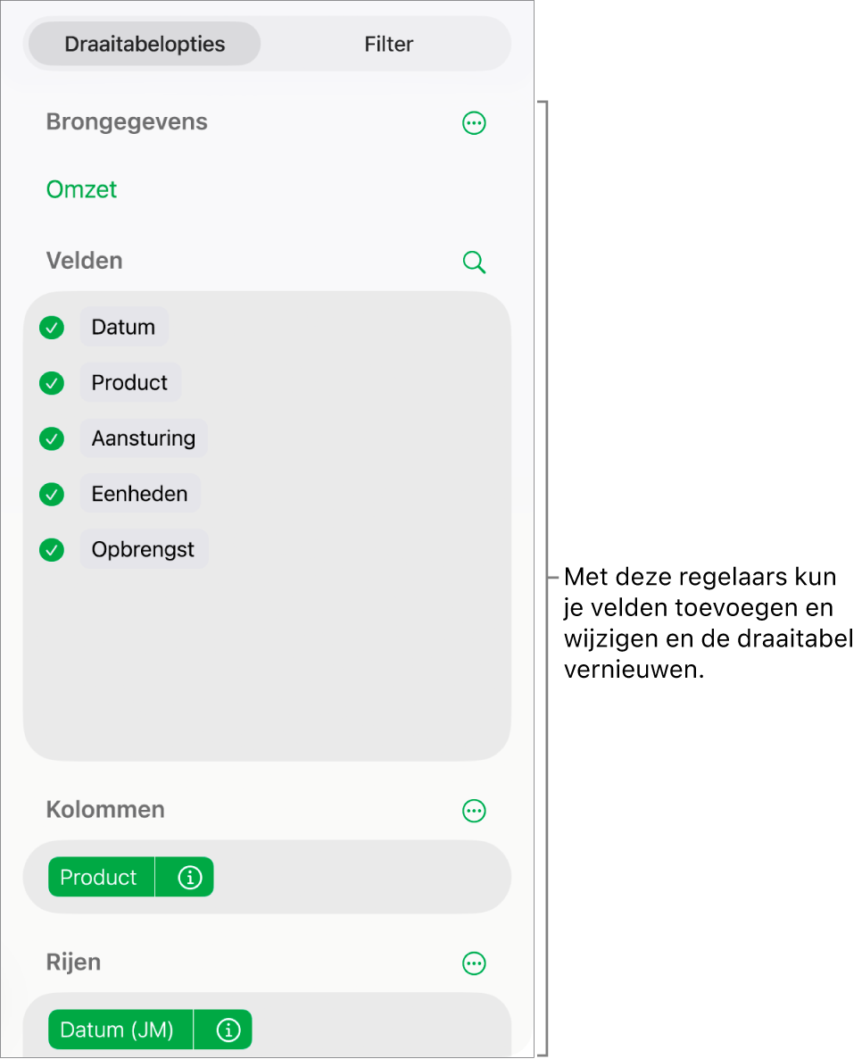 Het menu 'Draaitabelopties', met velden in de gedeelten 'Kolommen', 'Rijen' en 'Waarden', en regelaars om de velden te wijzigen.