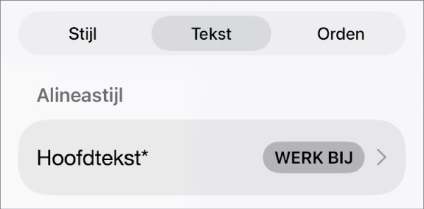 Een alineastijl met een sterretje ernaast en rechts de knop 'Werk bij'.