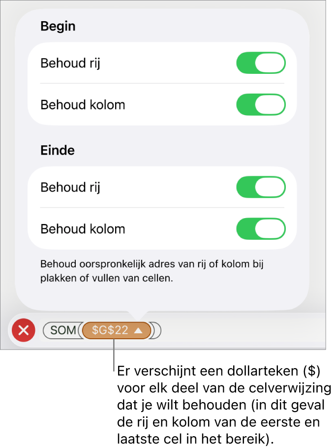 De regelaars waarin je kunt opgeven welke rij- en kolomverwijzingen van een cel behouden moeten blijven als de cel wordt verplaatst of gekopieerd. Er verschijnt een dollarteken voor elk deel van het celbereik dat je wilt behouden.