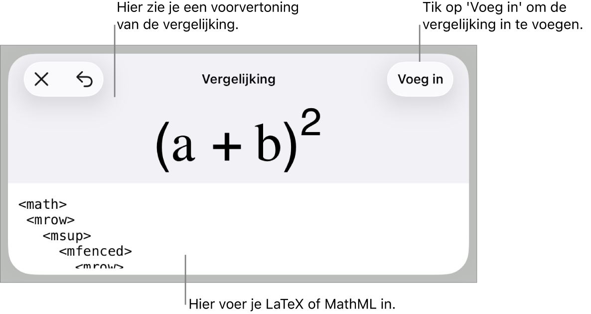Het venster 'Vergelijking' met daarin een vergelijking die geschreven is met MathML-commando's en erboven een voorvertoning van de formule.