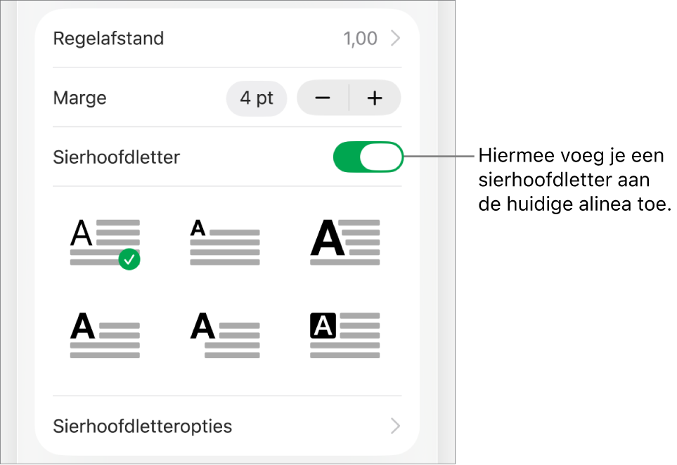De regelaars voor sierhoofdletters in het menu 'Tekst'.
