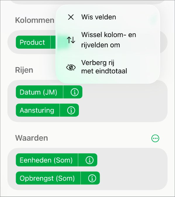 Het menu met meer veldopties, met de regelaars om eindtotalen te verbergen, kolom- en rijvelden om te wisselen en velden te wissen.