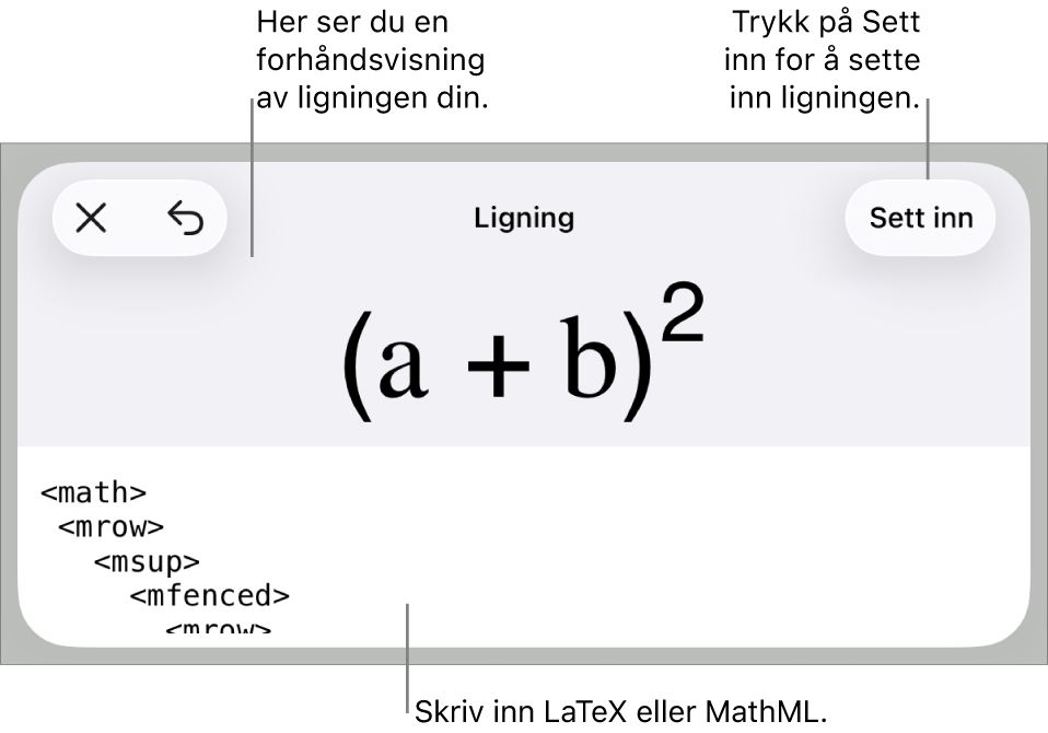Ligning-dialogruten, som viser en formel skrevet med MathML-kommandoer, og en forhåndsvisning av formelen ovenfor.