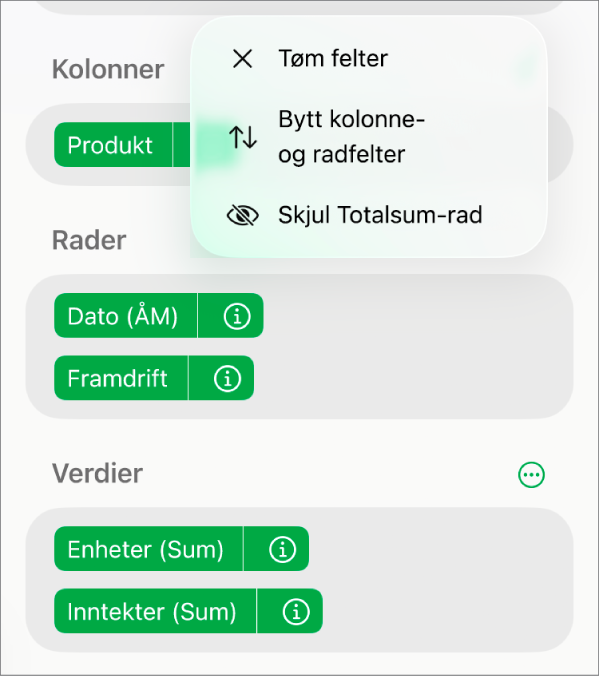 Flere feltvalg-menyen, med kontroller for å skjule totalsummer, bytte kolonne- og radfelter og tømme felter.