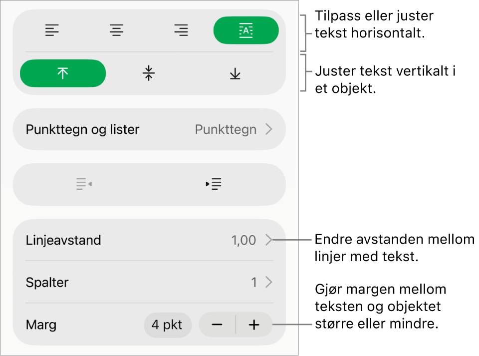 Layout-delen i formatinspektøren, med bildeforklaringer for tekstjusterings- og avstandsknappene.