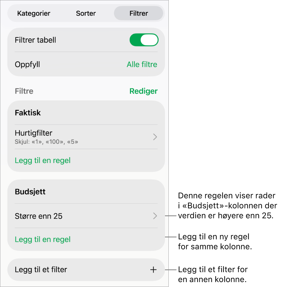 Kontroller for å legge til nye filtreringsregler eller redigere eksisterende regler.