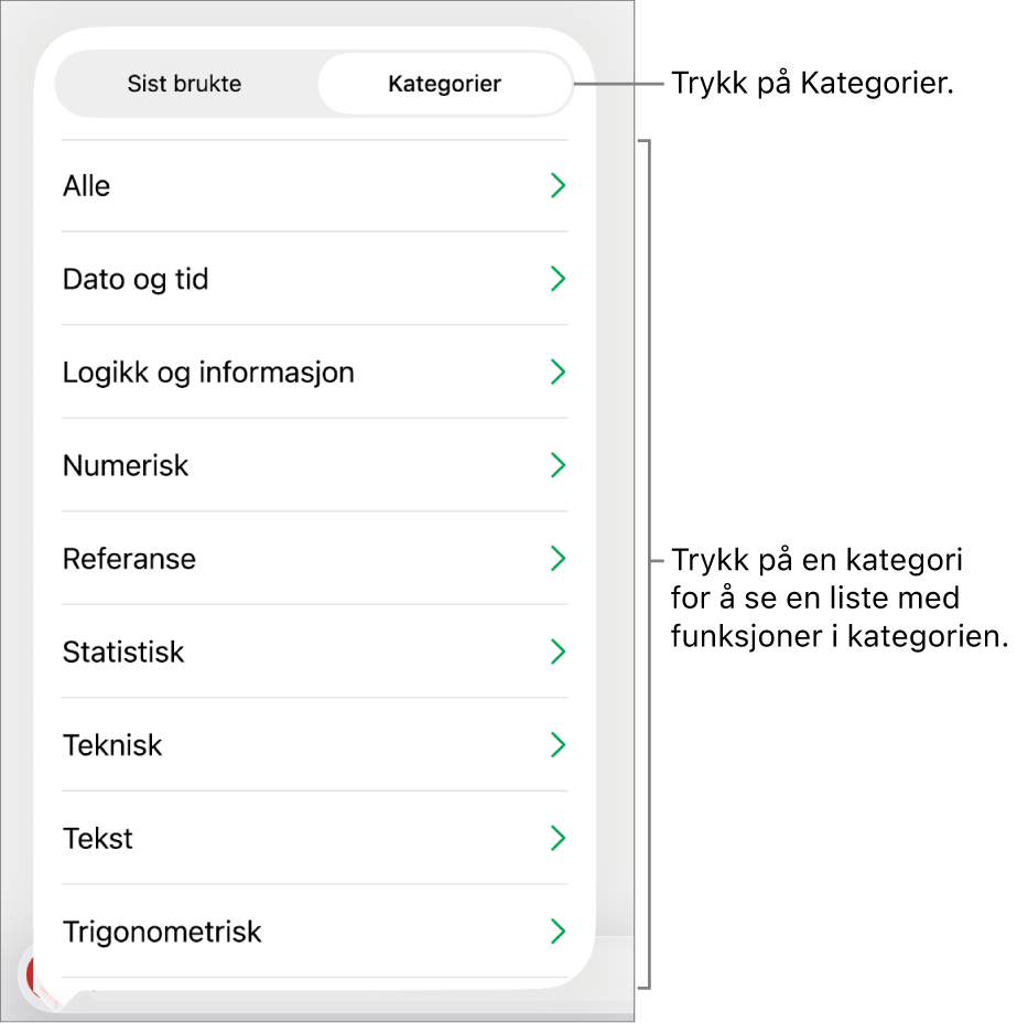 Funksjonsnavigeringen med Kategorier-knappen markert, og listen med kategorier nedenfor.