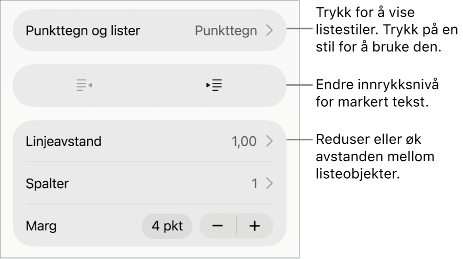 Punkttegn og lister-delen i Format-kontroller med bildeforklaringer for Punkttegn og lister, utrykk- og innrykk-knapper og linjeavstandskontroller.