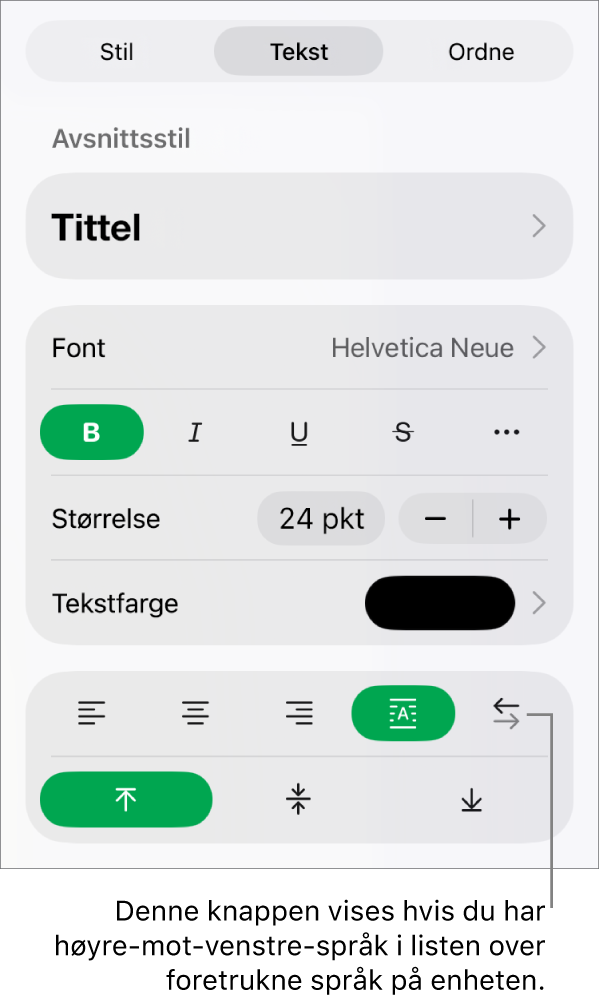 Stil-delen for Format-menyen med en bildeforklaring for Høyre til venstre-knappen.