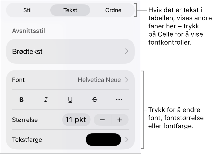 Tekstkontroller i Format-menyen for å angi avsnitts- og tegnstiler, font, størrelse og farge.