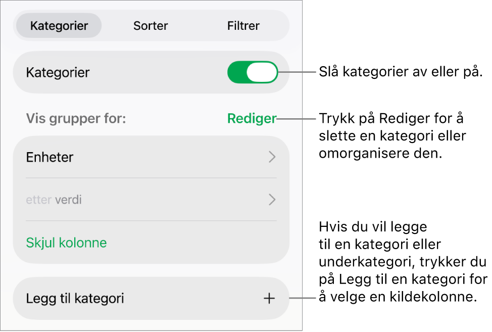 Kategorier-menyen for iPad med alternativer for å slå av kategorier, slette kategorier, omgruppere data, skjule en kildekolonne og legge til kategorier.