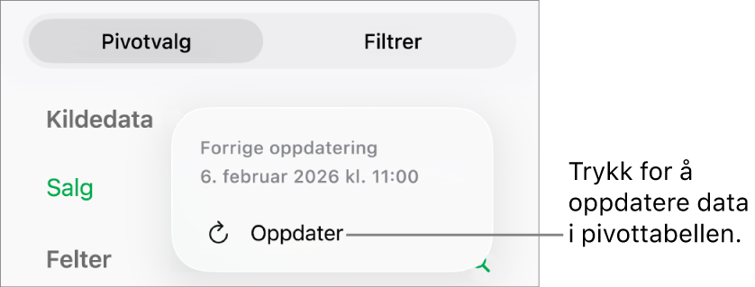 Pivotvalg-menyen med valget for å oppdatere pivottabellen.
