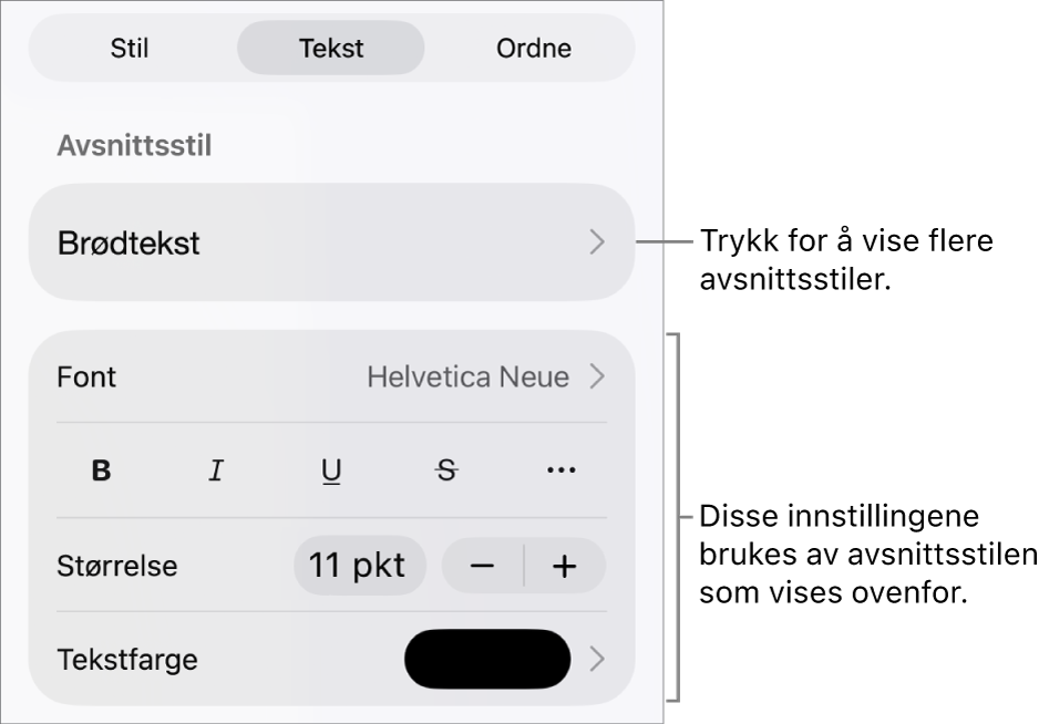 Format-menyen som viser tekstkontroller for å angi avsnitts- og tegnstiler, font, størrelse og farge.