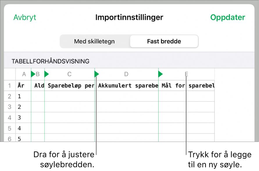 Importinnstillingene for en tekstfil med fast bredde.