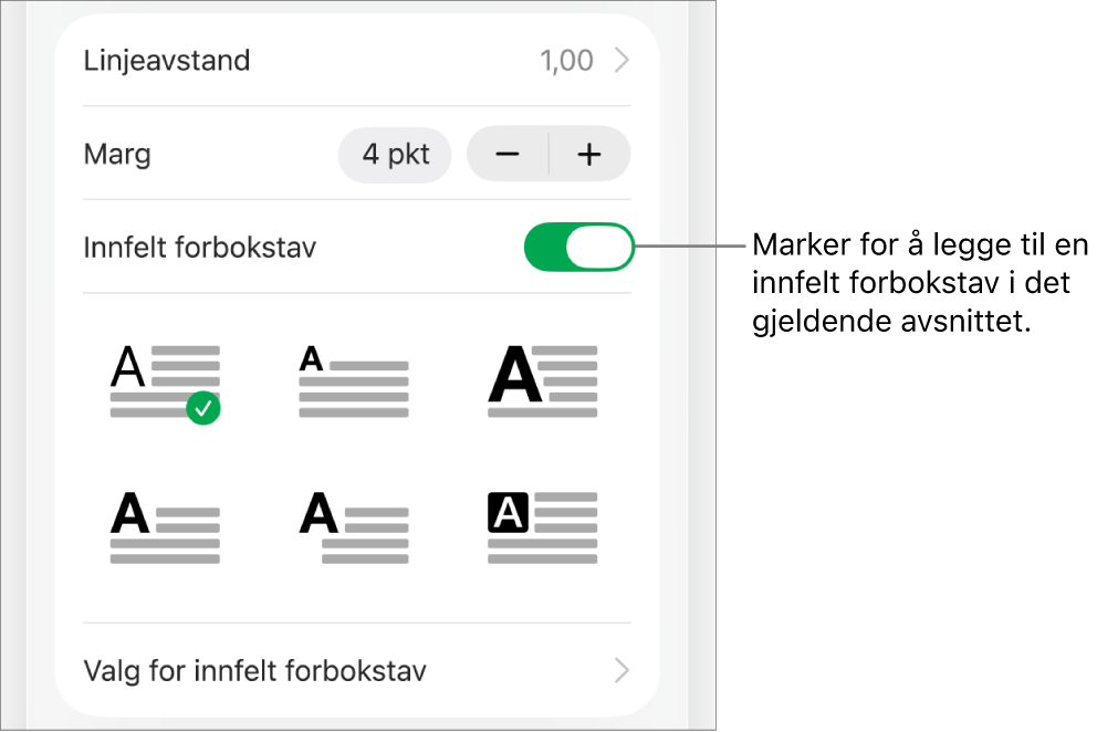 Innfelt forbokstav-kontrollene vises i Tekst-menyen.