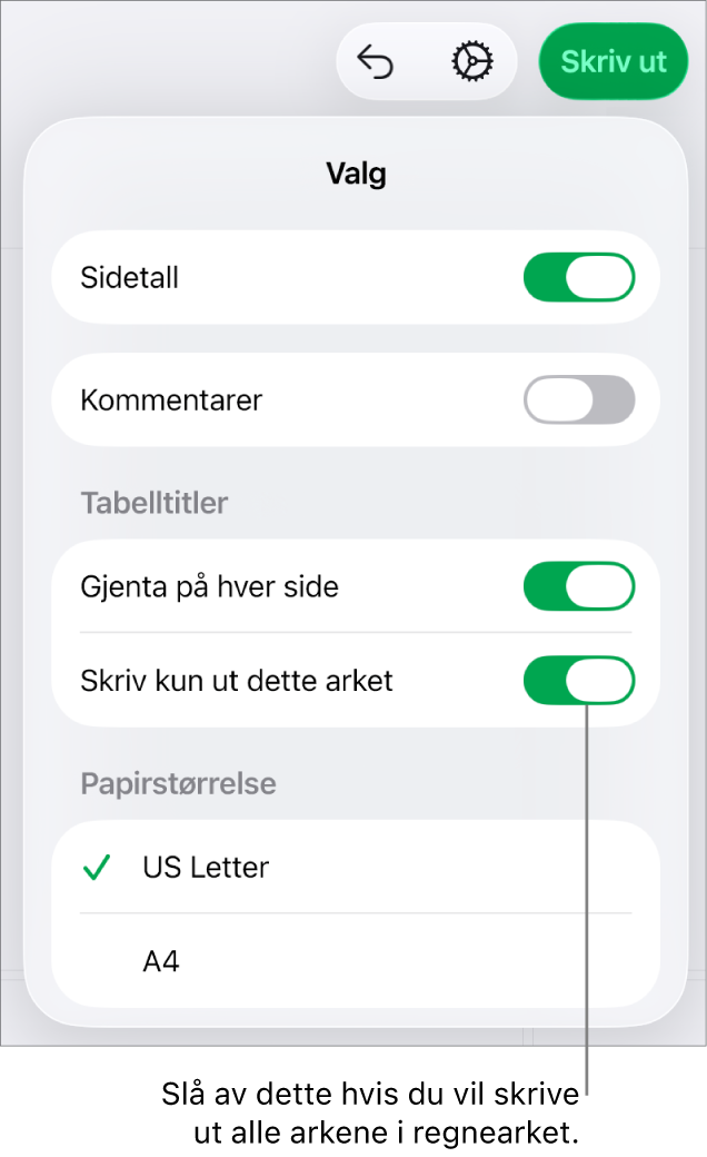 Utskriftsforhåndsvisning-panelet, med kontroller for å vise sidetall, gjenta tittelceller på hver side, endre papirstørrelse og valg for å skrive ut hele regnearket eller bare gjeldende ark.