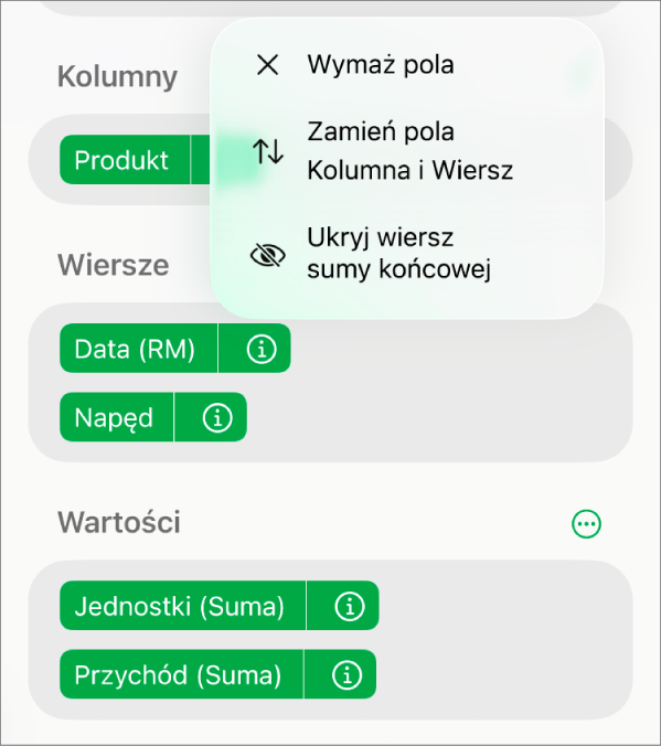 Menu Więcej opcji pola pokazujące narzędzia ukrywania sum końcowych, zamiany pól kolumn oraz wierszy, oraz wymazania pól.
