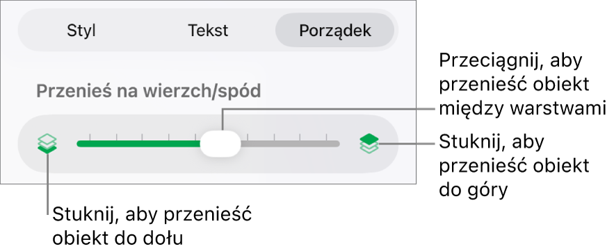 Przycisk przenoszenia niżej, przycisk przenoszenia wyżej i suwak warstw.