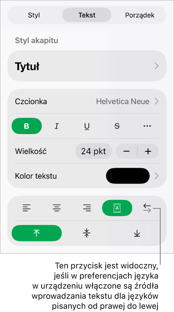 Sekcja Styl na pasku bocznym Format z opisem wskazującym przycisk Od prawej do lewej.