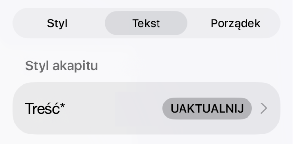 Styl akapitu z gwiazdką oraz znajdującym się po prawej stronie przyciskiem Uaktualnij.