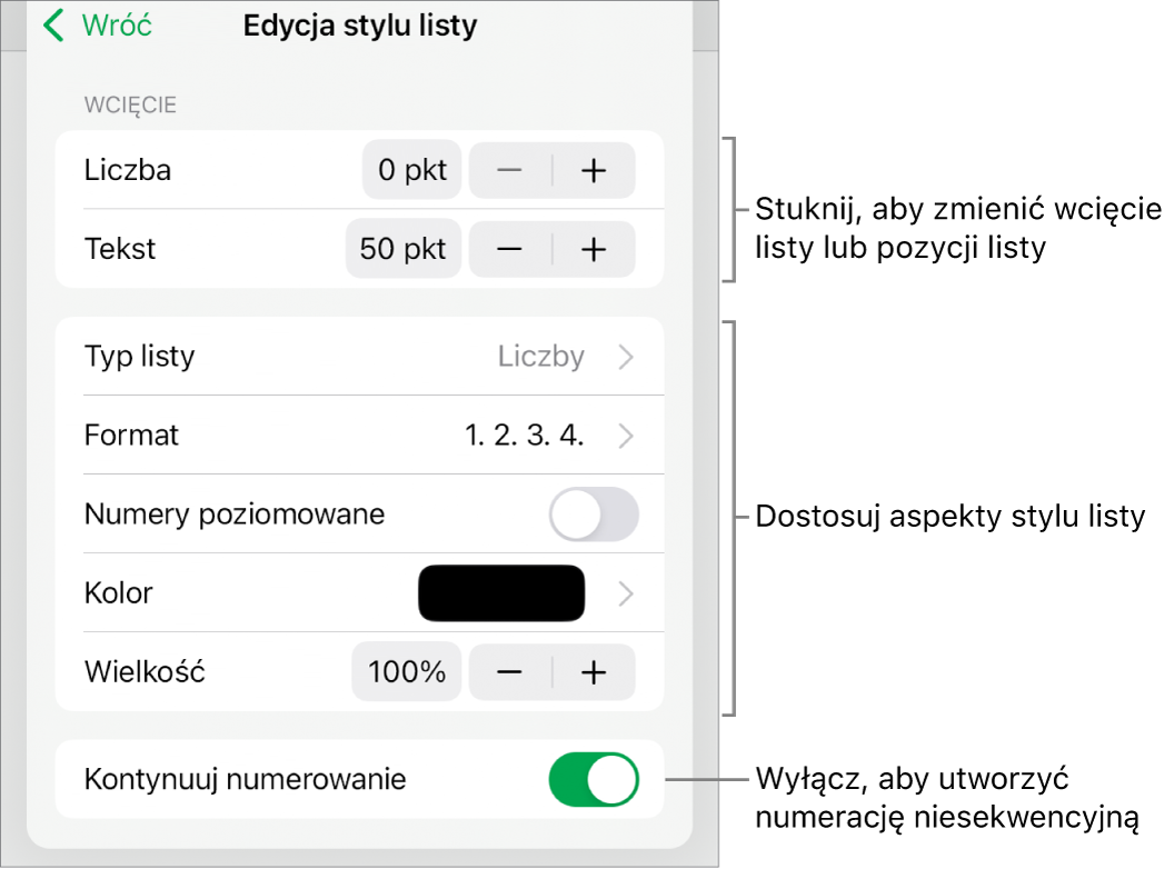 Menu Edycja stylu listy z narzędziami sterującymi wielkością wcięcia, typem i formatem listy, numerami warstw, kolorem i rozmiarem listy oraz numeracją ciągłą.